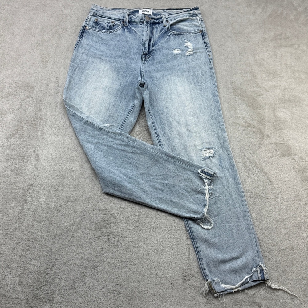 Pistola Straight Leg Jeans Women 28 Light Blue Distressed Frayed Hem Edgy Grunge